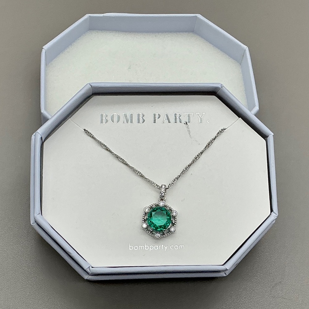 Bomb‎ Party Necklace Lab Created Teal Zircon Halo 18" Rhodium Plated RBP3693